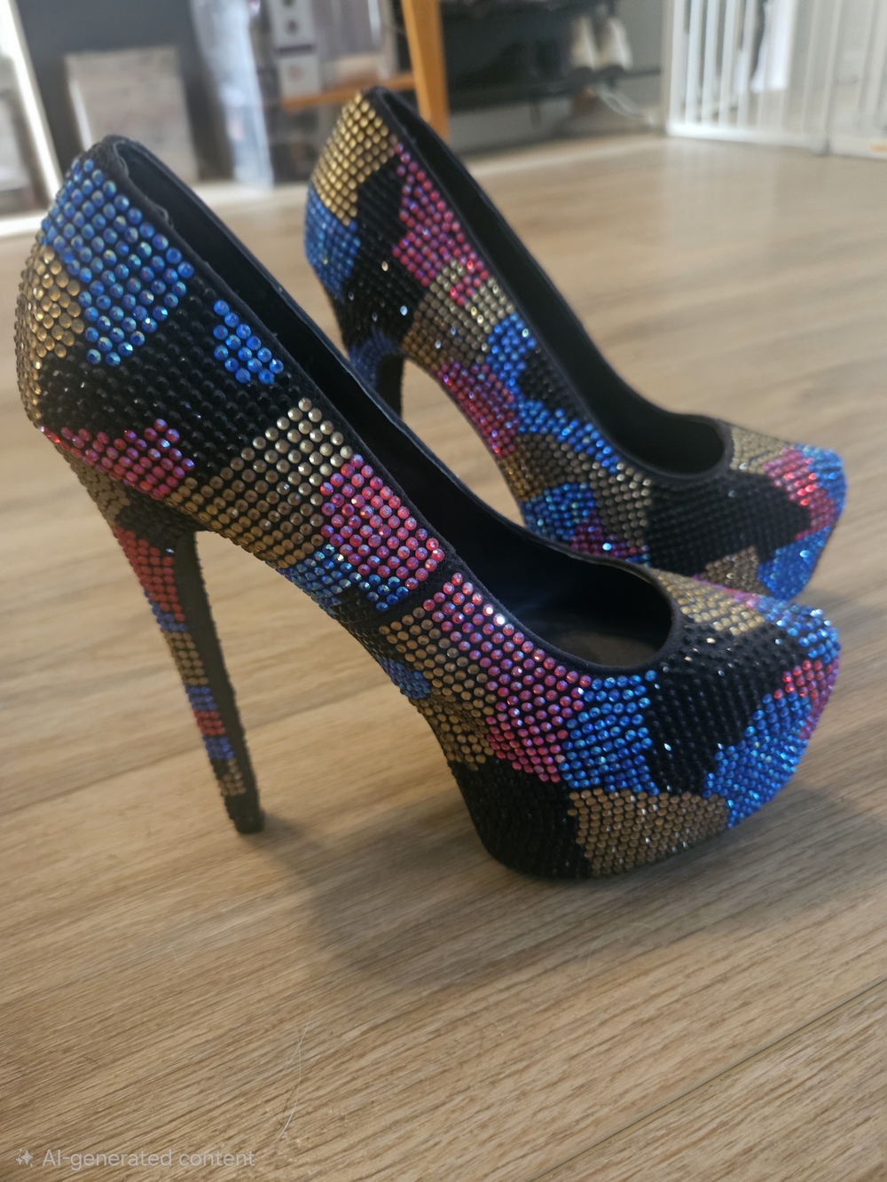 Steve Madden Rhinestone Black Heels with Blue, Pink & Gold Crystal Accents.  6.5